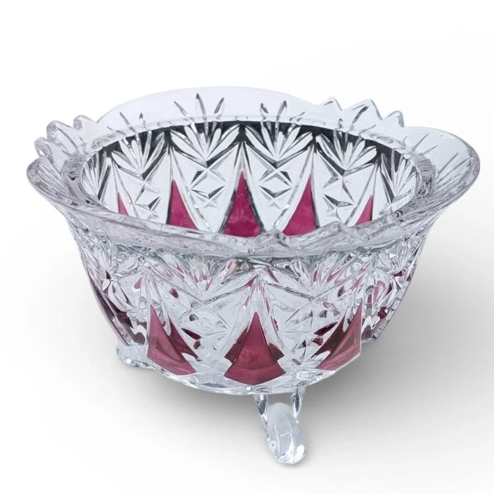 Vintage Cranberry Stained Clear Glass Three Footed Bowl Scalloped‎ Starburst Rim